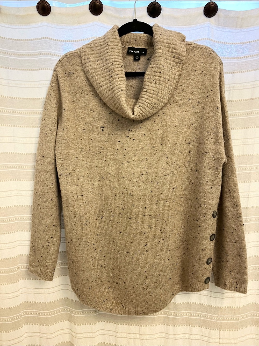 Women's Fortune + Ivy Beige Cowl Neck Sweater with Side Button Detail